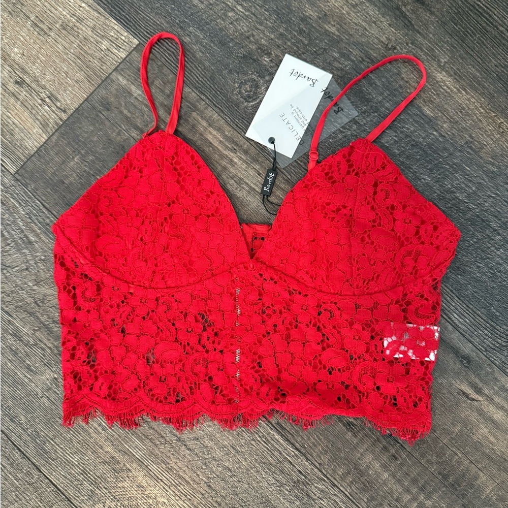 Bardot Red Lace Crop Top with Floral Patterns